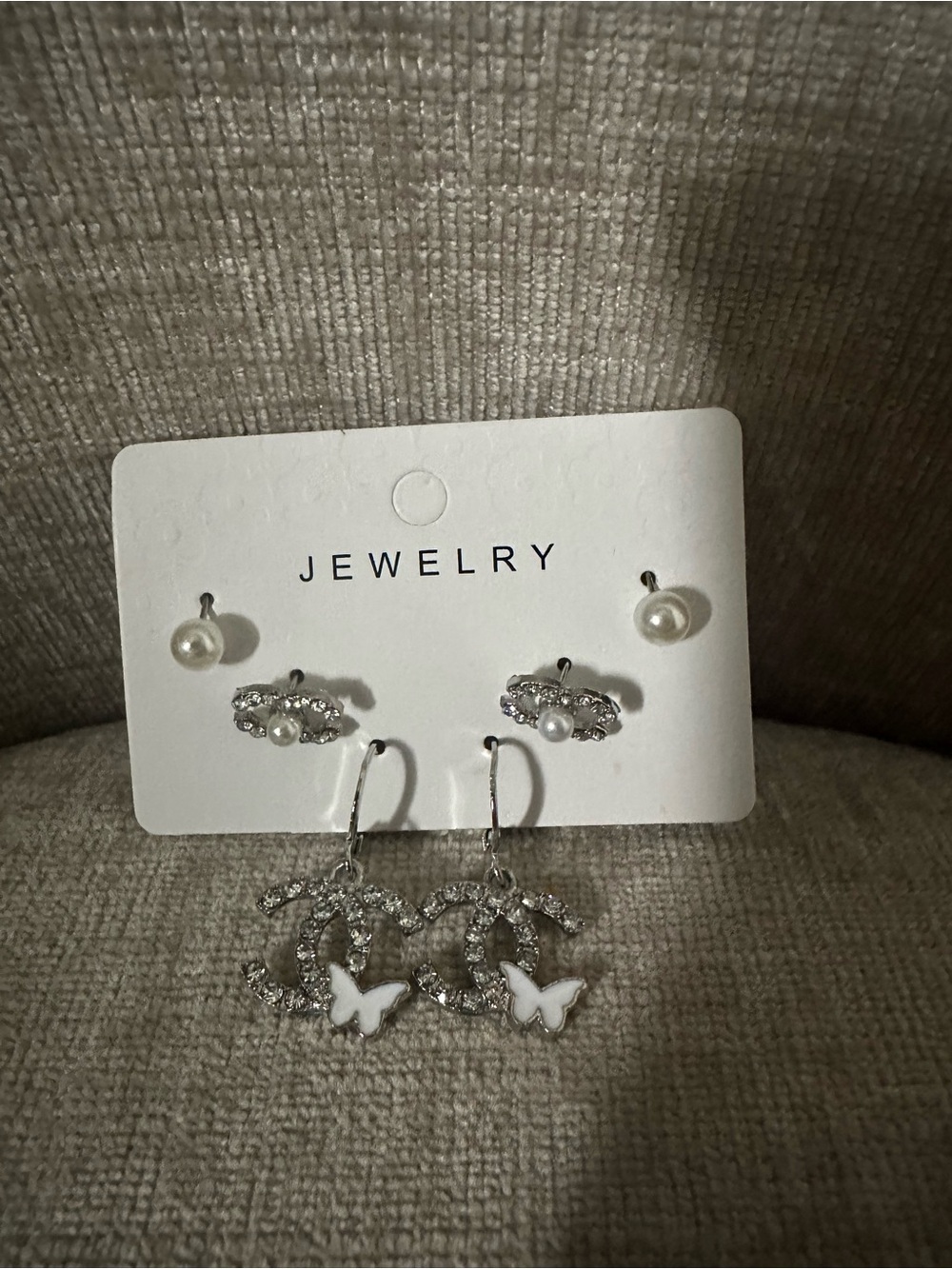 Silver Pearl and Crystal Butterfly 3 Earring Set